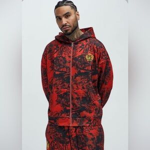 Vandal Oversized Graffiti Zip Up Red and Black Hoodie